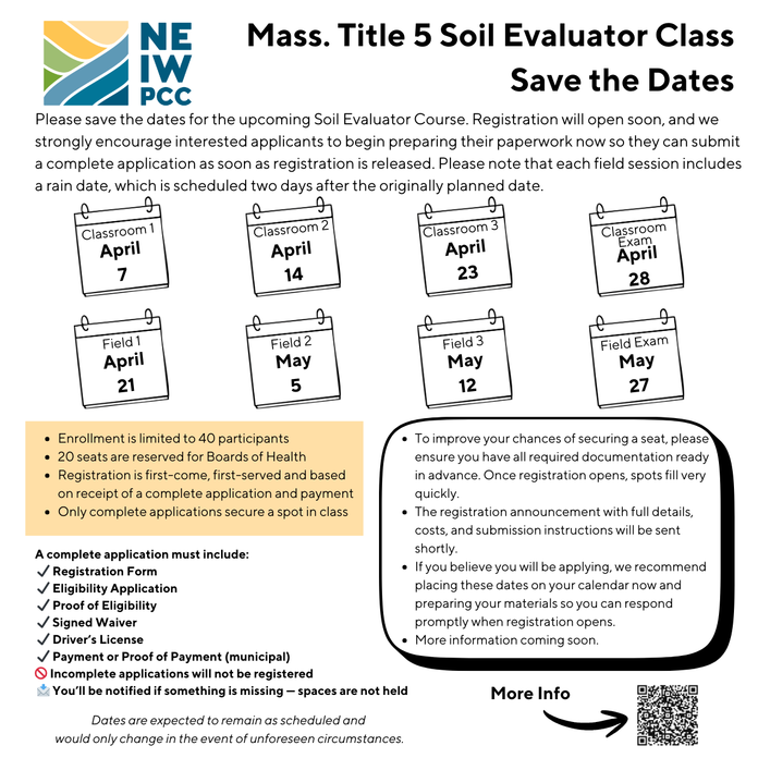 SAVE THE DATES: Mass Title 5 Soil Evaluator Class  Spring 2026