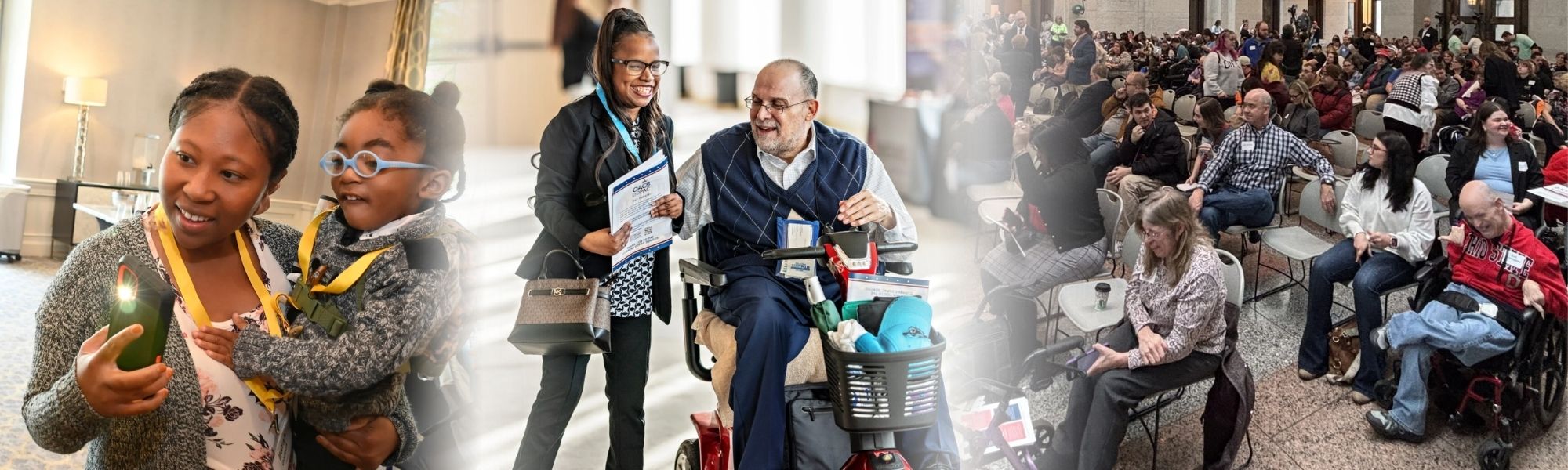 A blind woman talking with another woman in front of her, a man in a wheelchair talking with another man, and a crowd listening to a presentation