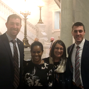 [Left to right] Ohio ACEP President-Elect, Dr. Ryan Squier; Leadership Development Academy member, Dr. Dacia Russell Goman; SB 198 sponsor, Rep. Nickie Antonio; and Ohio ACEP Board member, Dr. Bryan Graham meet to discuss surprise billing