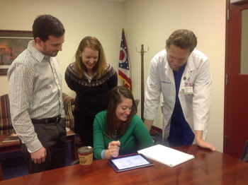 OOA Health Policy Clerks Matthew Adkins and Sarah Johnson go over DO Day on the Hill Plans with OOA Health Policy Chair Peter Bell and Monica Hueckle 