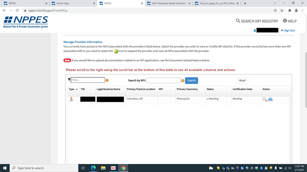 NPI Pending Application