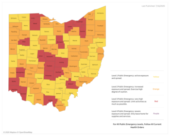 Ohio Public Health Advisory System Map as of 7.16.20